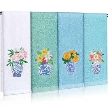 Imagem de SmoothNovelty 4 peças de toalhas de cozinha chinoiserie de porcelana azul e branca 73.7 cm x 33.0 cm toalha de chá algodão bordado azul floral decorativo panos de prato absorventes panos de prato para