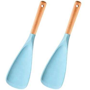 Imagem de Conjunto de 2 colheres de silicone com cabo de madeira para panelas antiaderentes, cozinhar, assar, mexer, espátula resistente ao calor sem BPA para misturar, virar e raspar (2 peças azuis)