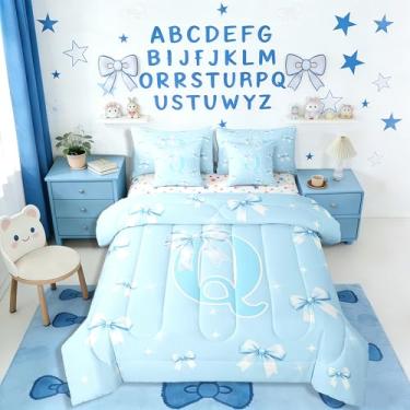 Imagem de Erosebridal Jogo de cama com laço de fita feminina, 7 peças, fofo, fantasia, princesa, para crianças, adolescentes, azul, com laço e nó de laço e edredom