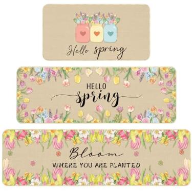 Imagem de Tinideya Hello Spring Conjunto de 3 tapetes e tapetes de cozinha, vaso de flores de primavera, tapete de cozinha floral, antiderrapante, paspa, engraçado, lavável, cozinha, banheiro, decoração, 43 x