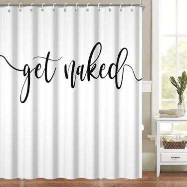 Imagem de Get Naked Cortina de chuveiro preta branca simples letras engraçadas impressas cortinas de chuveiro para decoração de banheiro arte moderna chique fonte palavras cortina de banheira lavável tecido de