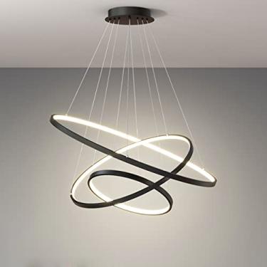 Imagem de Lustre LED Redondo com Design de Três Anéis, Luminária Pendente Moderna para Mesa de Jantar ou Sala de Estar, com Controle Remoto e Intensidade Ajustável (Preto, 20+40+60cm)