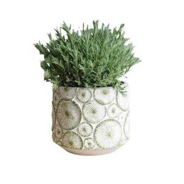 Imagem de KEG801302 Vaso de flores redondo de cimento, vaso de flores com padrão de folha arredondada verde, com recipiente de plantas com orifício de drenagem, para plantador de varanda, quarto, sala de estar