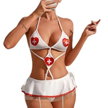 Imagem de nujett Lingerie sexy de enfermeira para mulheres, fantasia de dramatização, conjunto de fantasia com top frente única, minissaia e faixa de cabeça, roupa de cosplay para festas temáticas