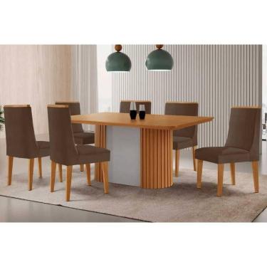Imagem de Conjunto Sala de Jantar Pilar c/ Tampo Madeirado Canto Curvo 180x90cm e 6 Cadeiras Dakota Madeira Maciça Naturale/Off White - Capuccino/Suede Marrom-R
