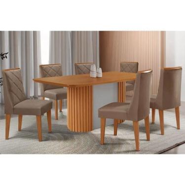 Imagem de Conjunto Sala de Jantar Pilar c/ Tampo Madeirado Canto Curvo 180x90cm e 6 Cadeiras Pietá Madeira Maciça Naturale/Off White - Capuccino/Suede Capuccino