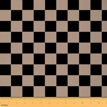 Imagem de Tecido xadrez retrô xadrez marrom estofado para cadeiras sofá sofá geométrico vintage para projetos de bricolage em casa, decoração impermeável, poliéster, moderno, simples, groovy, 2 jardas