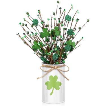 Imagem de SiliFine Decoração de mesa de dia de São Patrício com hastes de flores artificiais trevo verde com vasos de metal para festa do dia de São Patrício, hotel, escritório, decoração de casa (verde escuro)