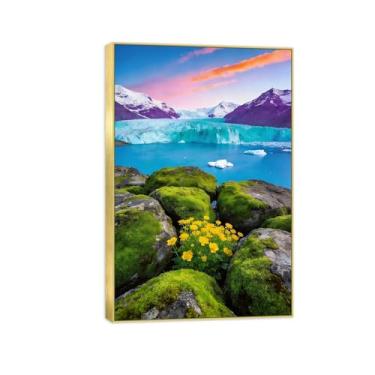 Imagem de Impressão em tela de paisagem pronta para pendurar - neve montanha lago - pintura de arte de parede - decoração de casa moderna imagem moldura dourada 50 x 75 cm 20 x 30 pol