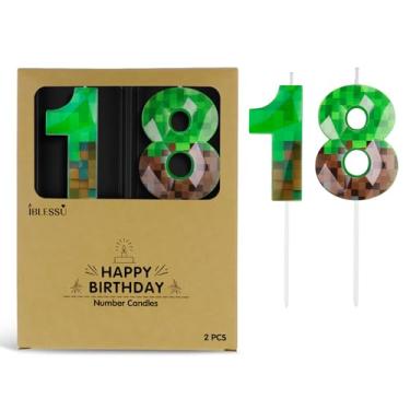 Imagem de Vela de aniversário pixel, velas com número mineiro de 6,8 cm, decoração de aniversário com tema de jogo, para festa de videogame dinamite com tema pixel, aniversário, aniversário (verde, 18)