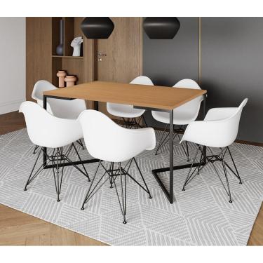 Imagem de Mesa Industrial Jantar Retangular Canela 137X90Cm Base V Com 6 Poltronas Brancas Ferro Canela