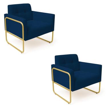 Imagem de Poltrona Sala Industrial Alta Tubo Dourado Kit 2 Elisa Bouclê D03 - D'rossi Cor Azul