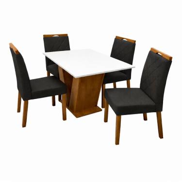 Imagem de Mesa de Jantar Classic 120x80cm com Vidro e 4 Cadeiras California em Veludo Estofadas Cel Móveis Cor Cinamomo Off White com Tecido Preto