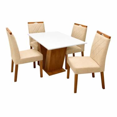 Imagem de Mesa de Jantar Classic 120x80cm com Vidro e 4 Cadeiras California em Linho Estofadas Cel Móveis Cor Cinamomo Off White com Tecido Bege