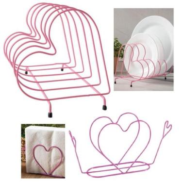 Imagem de Kit Escorredor Rosa  Porta Pratos  Porta Guardanapo Coração - Pra vc 