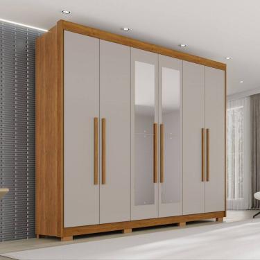 Imagem de Guarda Roupa Casal com Pés e Espelho 6 Portas 6 Gavetas 100% Mdf Itália Plus Cinamomo/Off White