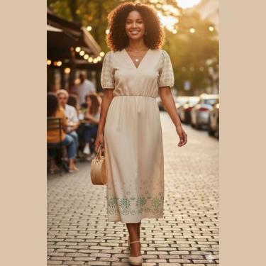 Imagem de Vestido Midi em Meia Malha com Gola V Cereja Rosa, M, Beige