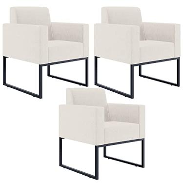 Imagem de Kit 03 Poltronas Decorativas para Sala e Recepção Base Fixa De Metal Helô L02 Linho Cru - Lyam Decor