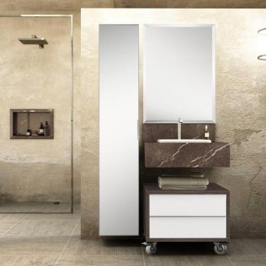 Imagem de Conjunto de Banheiro Max 60cm com Espelho Bancada em Porcelanato, Gaveteiro e Armário Vertical Bumi Trufa