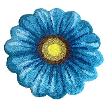 Imagem de Tapete de área de girassol 63,5 cm x 63,5 cm Tapete de banheiro floral azul macio Tapete de flor de pelúcia antiderrapante Tapete pequeno feito à mão Floral Tapete de porta para banheiro, quarto, sala de estar, cozinha azul