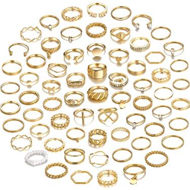 Imagem de YEEZII Conjunto de 68 Anéis Empilháveis de Ouro com Articulação Boho, Anéis Midi Prateados Vazados com Cristal Esculpido, Pacote