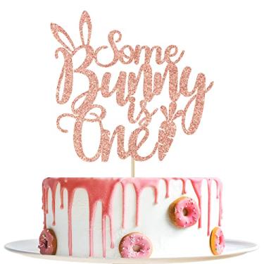 Imagem de Some Bunny is One Cake Topper - Coelhinho Decoração de 1º aniversário - Decoração de chá de bebê de Páscoa, decorações de festa tema de Páscoa, glitter de ouro rosa