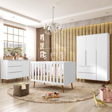 Imagem de Kit Quarto Bebê Retrô Melinda Branco Roupeiro + Cômoda + Berço Mini Cama Ana - Mobili