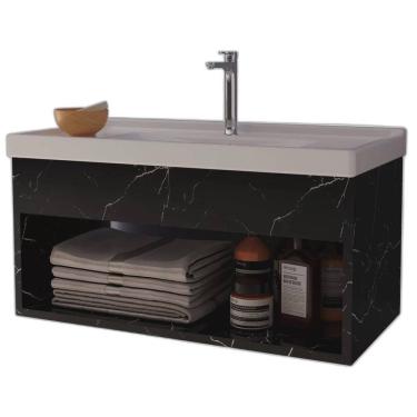 Imagem de Gabinete Banheiro Cuba E Nicho Suspenso Preto Marmorizado