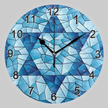 Imagem de CHIFIGNO Relógio de parede com seis pontas em círculo de vidro azul, relógio de parede analógico com bateria silenciosa para escritório, casa, cozinha