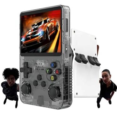 Imagem de videogame portátil console portátil R36S, com cartão TF de 128GB integrado e suporte a mais de 10000 videogames retro. Possui uma tela IPS de 3,5 polegadas (cinza)