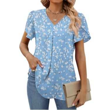 Imagem de Funlingo Blusas femininas de verão de manga curta elegantes de chiffon, gola V, túnica de trabalho, camisetas casuais soltas, Flor branca azul, 3G
