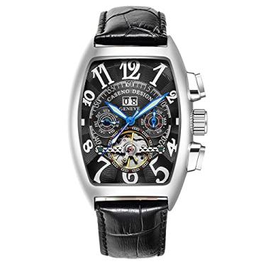 Imagem de Relógio masculino mecânico com pulseira de couro original feito automático MINGZHU 2813 movimento moderno relógios para homens Tourbillon Tonneau auto-vento à prova d'água 40 mm, preto prateado, prata