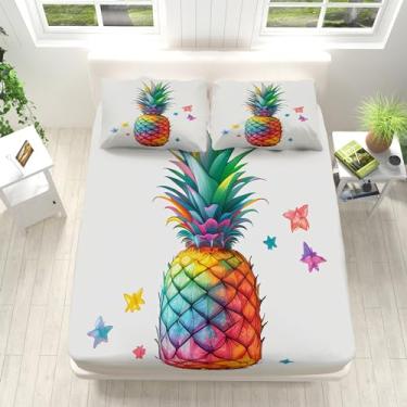 Imagem de Jogo de lençol casal branco, 4 peças, estampa colorida de abacaxi, fruta, abacaxi, 40,6 cm, lençol de cima com 2 fronhas, decoração de quarto