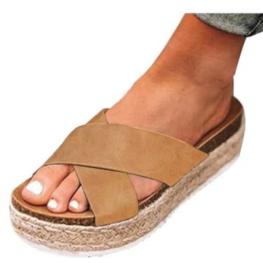 Imagem de Mezent Sandálias femininas plataforma cunhas alpargatas sandálias flatform plataforma casual sandálias femininas palmilha dedo aberto sandálias ajustáveis sandálias deslizantes, Caqui, 34