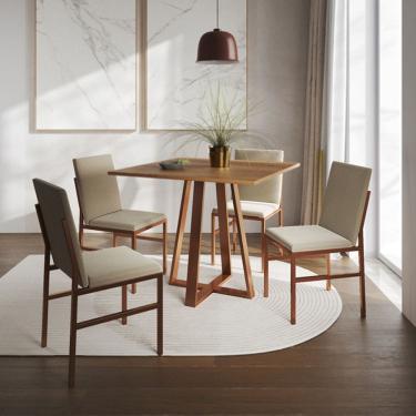 Imagem de Conjunto de Jantar Mesa Mônaco 90cm Tampo Imbuia com 4 Cadeiras Bege Base Cobre