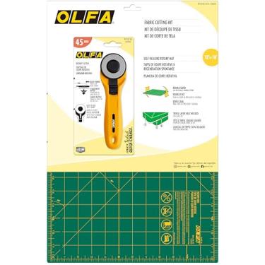 Imagem de OLFA Kit de corte de tecido (RTY-2CYEL/ST-01) - Tapete de corte rotativo autorreparável de 30 cm x 45 cm (ST-01) e cortador rotativo de troca rápida amarelo de 45 mm (RTY-2/CYEL)