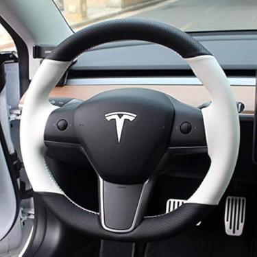 Imagem de iPobootech Capa de volante automotiva de couro perfurado branco/preto costurado à mão no envoltório adequado para Tesla modelo 3/Tesla modelo Y (preto + branco)