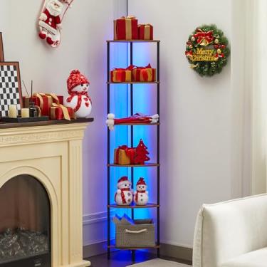Imagem de Ymesiyou Estante de canto de 6 camadas com luz LED, estante de canto para espaços apertados, exibição estreita com suporte de armazenamento, para sala de estar, quarto, prateleira de exibição de metal