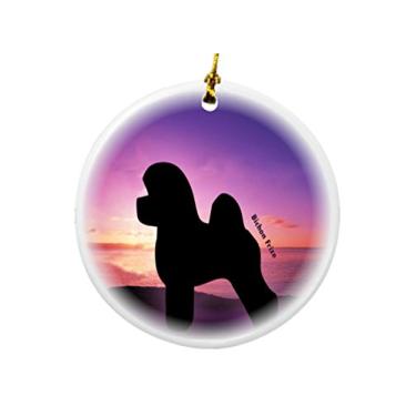 Imagem de Rikki Knight Bichon – Enfeite redondo de porcelana com design de cachorro frize ao pôr do sol