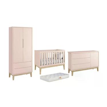Imagem de Dormitório Classic 2 Portas, Cômoda Com Porta Rosa Com Pés Madeira Natural E Colchão D18 - Reller Móveis Rosa