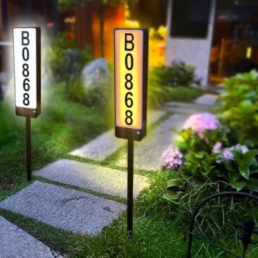 Imagem de Placa de endereço solar, números de casa para iluminação externa, 2 cores à prova d'água, LED, iluminado, número de endereço externo com estaca, placa de endereço montada na parede/no chão, números de