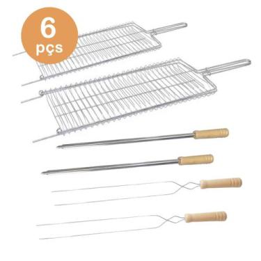 Imagem de Kit 2 Grelhas 2 espetos simples e 2 duplo inox churrasco - Araminas