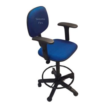 Imagem de Cadeira secretaria caixa alta - braço regulagem - base  de rodízio para recepção mercado balcão tecido azul