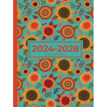 Imagem de 5 Year Diary 2024-2028 | A4 Funky Sunflower Teal Garden (hardcover): Month to View Planner with UK Holidays, Moon Phases, Birthdays & Celebrations, Contacts, Passwords (Five Years)