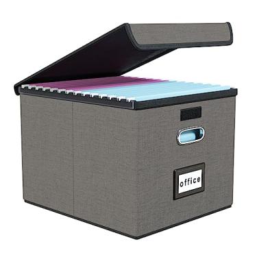 Imagem de Huolewa Caixa organizadora de arquivos com tampa, organizador de pasta de arquivos dobrável para armazenamento de documentos de escritório, caixa de arquivamento com slide de plástico para pastas de