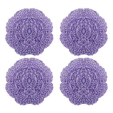 Imagem de pson 4 peças de toalhas redondas de crochê de 10 cm, porta-copos roxos feitos à mão, jogos americanos de mesa de renda para festas, aniversários, mesas de jantar