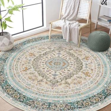 Imagem de Castage Tapetes redondos de 1,8 m lavável, tapete azul para sala de estar, quarto, sala de jantar, grande, boêmio, vintage, boêmio, envelhecido, tapete oriental, antiderrapante, floral