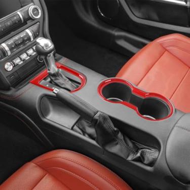 Imagem de JeCar Moldura de acabamento de porta-copo interior vermelho para Ford Mustang 2015-2023 acessórios interiores, 2 peças