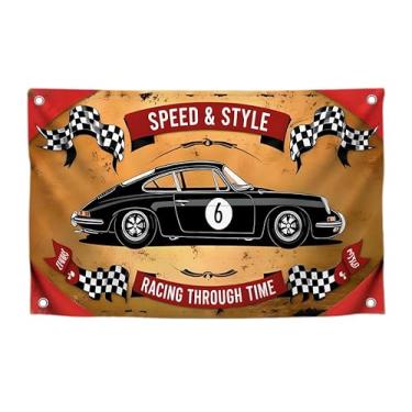 Imagem de Bandeira preta de carro de corrida de 9,5 x 1,5 m com quatro ilhós de latão - Faixa Speed and Style Racing Through Time - Bandeira de parede preta número 6 para casa - Bandeiras de carro vintage,