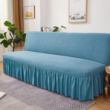 Imagem de Capa de futon sem braços com saia de babados, capa de sofá-cama futon altamente elástica, capa de sofá antiderrapante sem braços, tecido de veludo grosso, macio e aconchegante(Blue,Large (190-210cm))